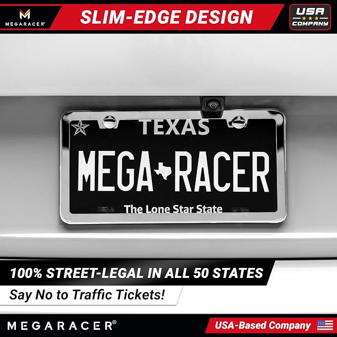 Polished Mirror Chrome Silver Thin License Plate Frames – 2 Pack, Car Wash Proof Stainless Steel, Rust-Free, Rattle-Free, Street Legal, Slim 2 Hole with Screw Caps, Metal Front & Rear Car Tag Holders