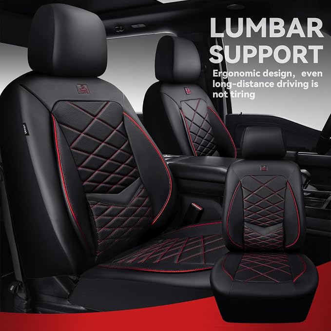 CAR PASS Luxury Nappa Leather Seat Covers Full Set, Water Resistant Faux Leather Seat Cover with Lumbar Support, Breathable Automotive Seat Covers Universal Fit for Sedan SUV Van Truck, Black Red