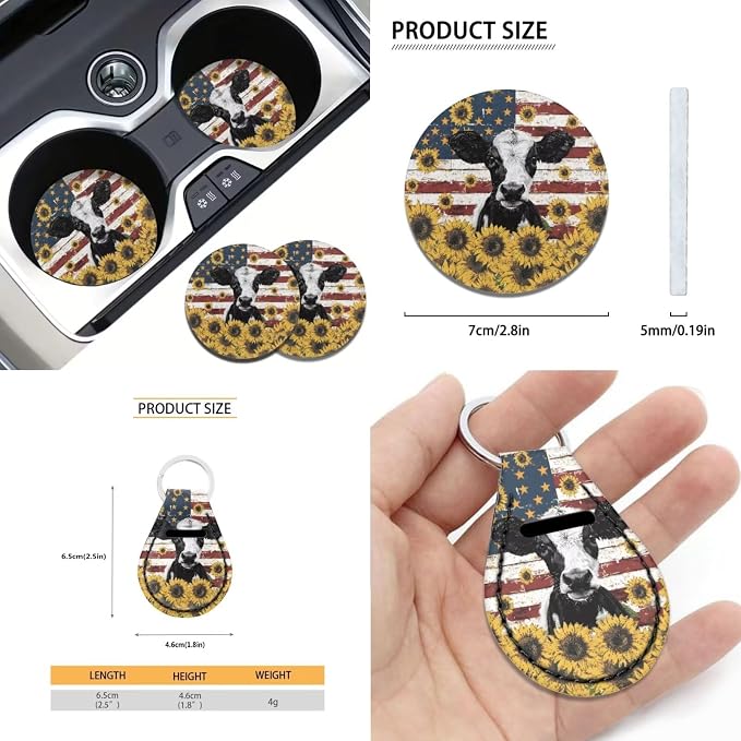 Xoenoiee Cow American Flag Sunflower Print Front Rear Seat Cover for Car SUV Interior Accessories Set with Steering Wheel Cover, Seat Belt Cover, Auto Coasters, Key Chains, 11 Pcs