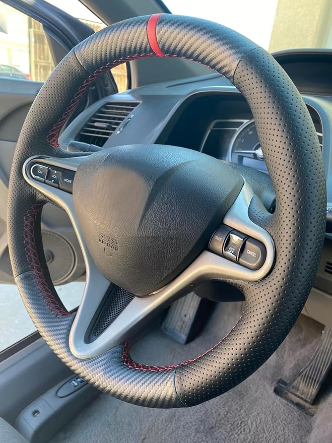 Loncky Black Genuine Leather Carbon Fiber Steering Wheel Cover for Honda Civic 8 2006 2007 2008 2009 2010 2011 Car Custom Fit Hand Stitched OEM DIY Suede Car Interior Parts Accessories (a)