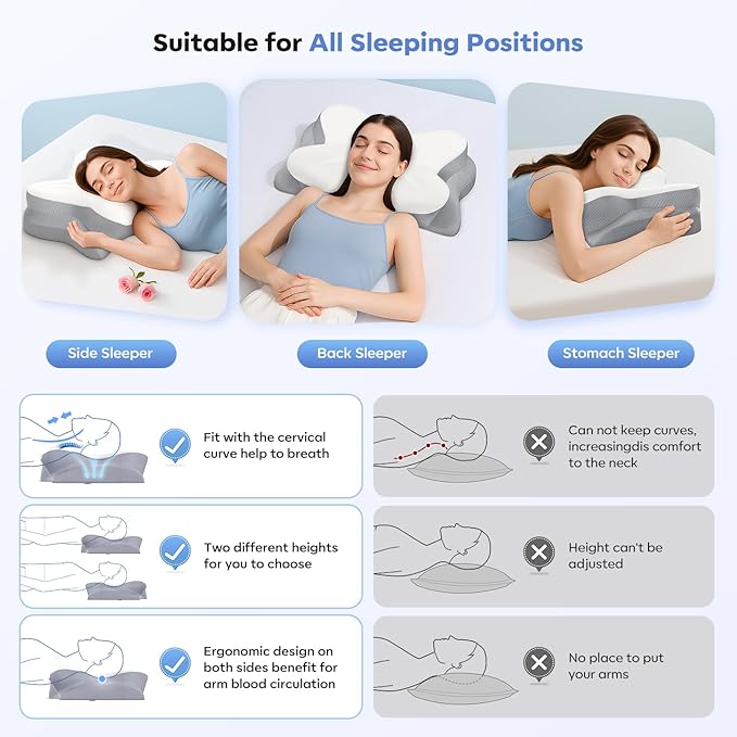 Cervical Neck Pillow, Ergonomic Memory Foam Pillows for Neck Pain Relief with Breathable Pillowcase, Adjustable Contour Neck Support Pillow for Side Back Stomach Sleepers, Odorless