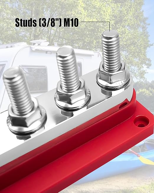2Pcs Marine Battery Bus Bar 12-48V 600A, 4 M10 Studs (3/8") Heavy Duty Power Distribution Terminal Block, High Current Copper Busbar with Waterproof Cover, Red & Black