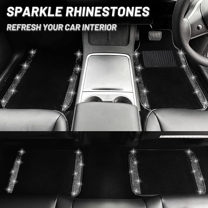 NBTEPEM Black Bling Car Floor Mats Full Set, Universal Fit Most Cars,SUV, Trucks, 4 pcs Sparkle Glitter Diamond Carpet for Women Girls with Anti-Slip Pad (Black Diamond)