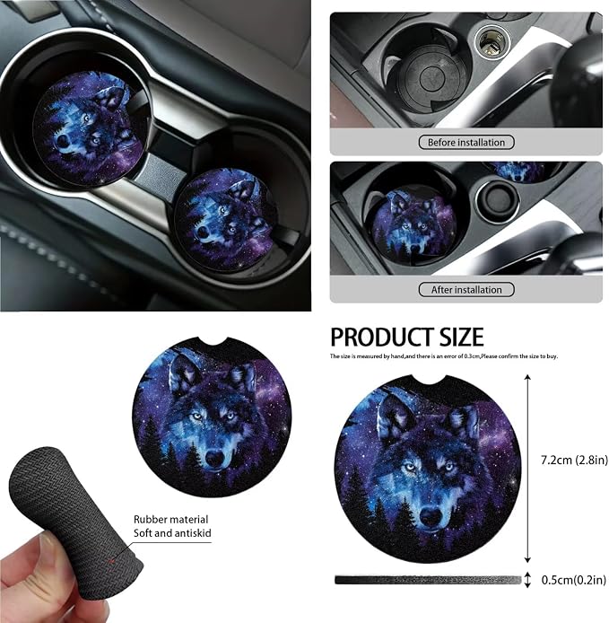 3D Galaxy Wolf Printed 15 Pack Car Seat Cover Set with Steering Wheel Seat Belt Strap Rearview Mirror Cover Garbage Cans Air Vent Pouch Coasters Keychain Universal Fit for SUV Sedans