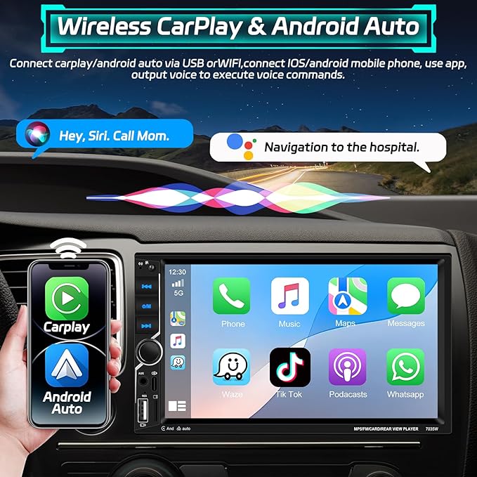 Motoris 7" Car Stereo with Wireless CarPlay & Android Auto, 4+64G Retactable Touchscreen Bluetooth Radio with GPS, Mirror Link, WiFi, Dual USB, Split-Screen, FM Radio, EQ, SWC + Backup Camera