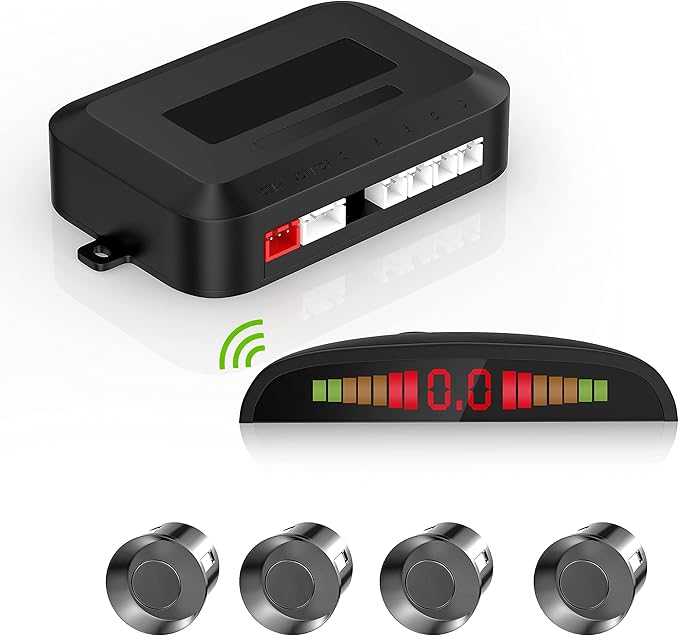 EKYLIN Wireless Car Parking Sensor, Reverse Radar System with 4 Parking Sensors, Wireless LED Distance Display with Sound Warning + 4 Gray Color Car Reverse Parking Sensors for Cars Vans RV Trailer