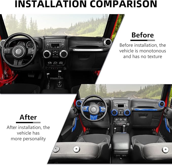 RAZPOY JK 18PCS Interior Trim Kit, Steering Wheel Trim & Gear Shift Cover Air Conditioning Vent Trim Compatible with 2011-2017 Jeep Wrangler JK 4-Door, Blue