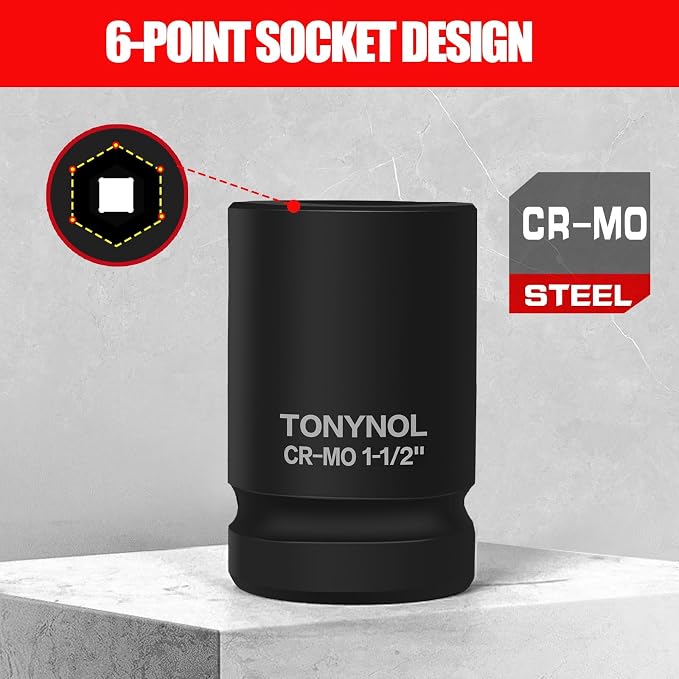 TONYNOL 3/4 Inch Drive Deep Impact Socket Set,6-Point,Sae Size(7/8“ to 1-1/2”),10 Pcs,Cr-Mo.Heavy Duty Impact Socket Set,With a Storage Case.