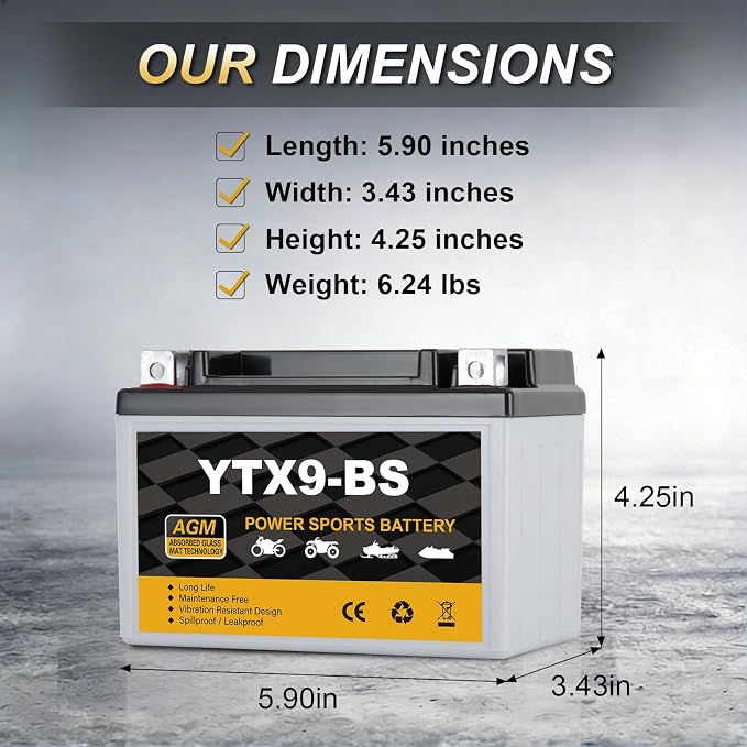 YTX9-BS Motorcycle Battery 12V 8Ah, 120 CCA Sealed AGM Rechargeable Maintenance Free Battery, Replacement for ATV, Scooter, Dirt Bike, ETX9, CTX9-BS