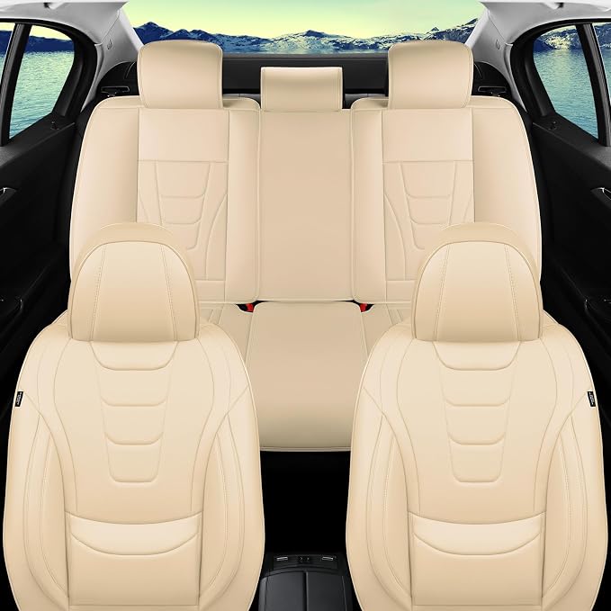 Car Seat Covers for Full Set – Waterproof & Breathable Faux Nappa Leather, 360° Wrap Design, Airbag Compatible, Lumbar Support, Perfect for Drivers Who Sweat-Breathable Design. – Beige