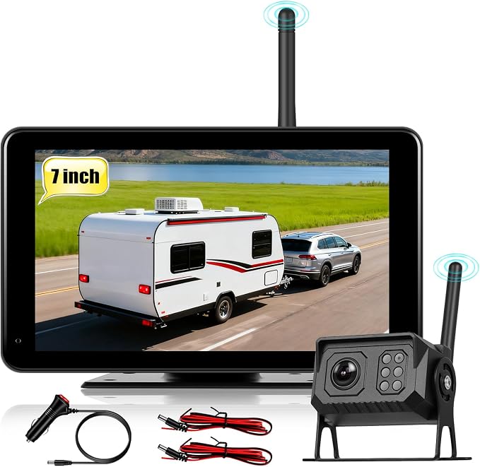 Wireless Backup Camera for Trucks, RV Backup Camera Wireless with 7" HD Monitor 4 Channels Split Screen, BSD Alert, IP68 Waterproof,IR Night Vision Wide Angle, DIY Guide Lines, Loop Recording