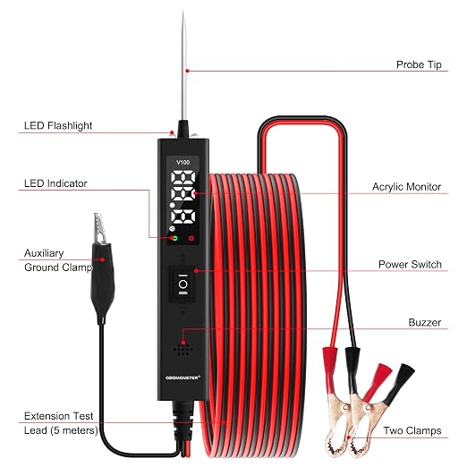 Power Circuit Probe Tester,OBDMONSTER V100 Circuit Tester, 0-80V DC Test Light Automotive Short Circuit Finder, Auto Electrical Circuit Tester, Car Fuse Tester, Automotive Tool（5 Meters）