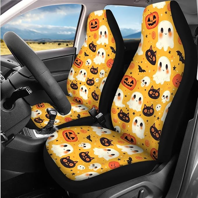 Cute Halloween Print Car Seat Covers Full Set with Auto Steering Wheel Cover Auto Center Console Pad Seat Belt Covers for SUV Truck Cars, Halloween Decorations Gifts