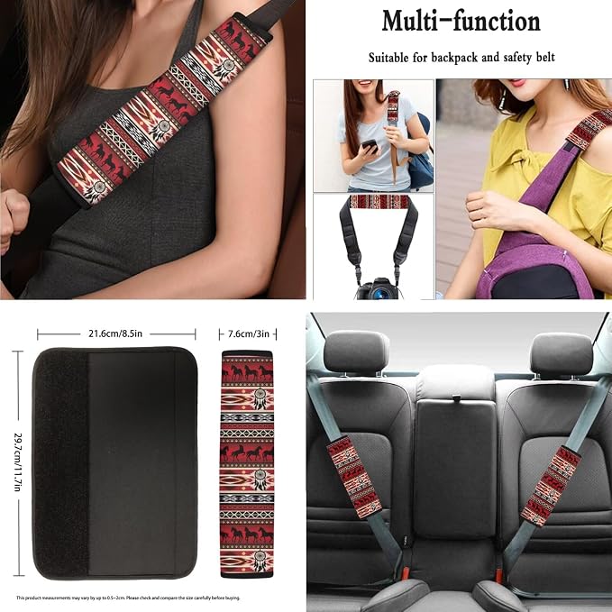 AFPANQZ Red Aztec Horse 11 Pcs Car Front & Rear Seat Covers Full Set Interior Accessories with Steering Wheel Cover, Hand Brake and Gear Shift Knob Cover, Seat Belt Pads