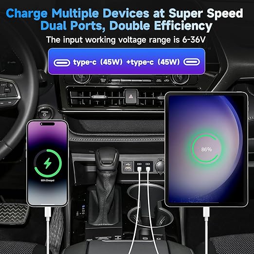 90W Car Charger USB c Dual Port Adapter Center Console Socket for Toyota Tacoma Fast Charging (Flat Type-C (45W)+Type-C (45W))