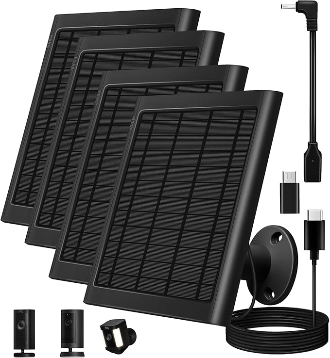 8W Solar Panel for Ring Camera, Solar Panel Charger Compatible with Ring Stick Up Cam Battery, Spotlight Cam Battery, Includes Barrel Plug to USB-C Adapter, IP65 Waterproof, 10ft Cable（4-Pack, Black）