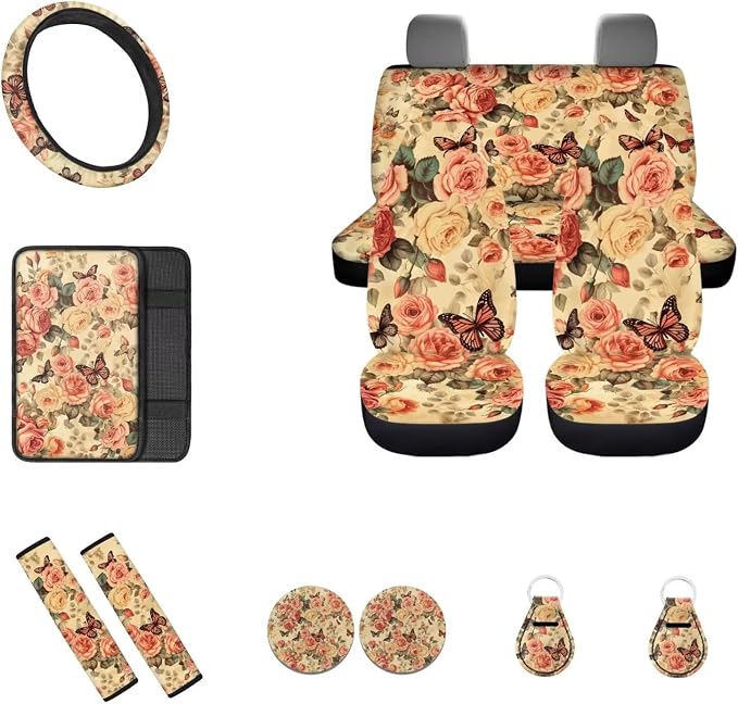 12 Pcs Rose Car Seat Covers - Full Set for Women with Vintage Rose Floral Butterfly Auto Seat Protection, Cute Floral Steering Wheel Cover, Keyring, Armrest Pads, Seatbelt Pads