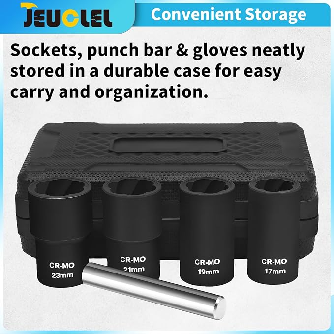 5PCS Twist Lug Nut Socket Set - 1/2 inch Drive Damaged Nut Lock Remover Extractor - Rusted & Strip & Stripped & Stuck Locking Nut Removal Tool Kit with 17mm 19mm 21mm 22mm Sockets