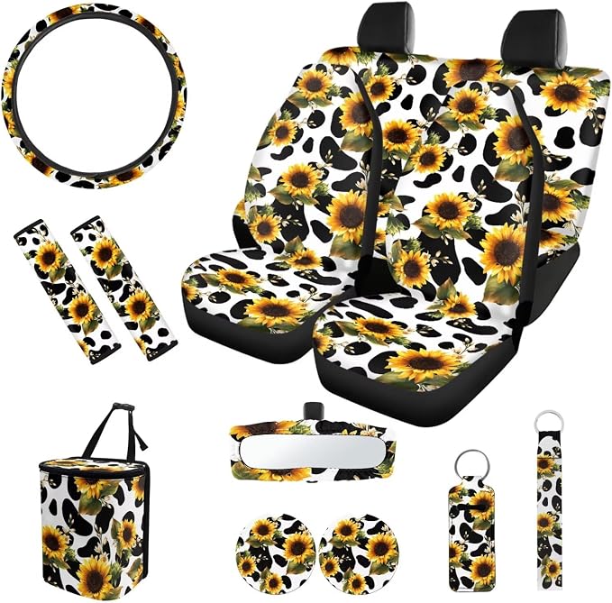 Sunflower Cow Print 12 Pack Car Decor Accessories Car Seat Covers Full Set Car Steering Wheel Cover Auto Seat Belt Cover Car Trash Can Rear View Mirror Cover Easy to Install