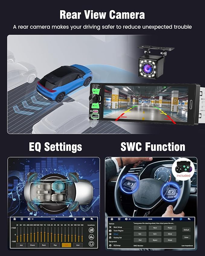 Single DIN Car Radio with Bluetooth Connection, 1 DIN Car Stereo Wireless Apple CarPlay with 6.5" HD in-Cell Touch Screen, FM/AM/RDS, USB + Type-C Ports, Remote Control, SWC, Backup Camera