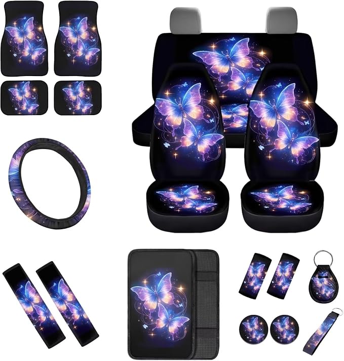 Colorful Butterfly Car Seat Covers Full Set for Women, Floor Mats Steering Wheel Cover Shoulder Pads Armrest Pad Cover Roof Gloves Cup Coaster Keychain, Car Interior Accessories Set of 18