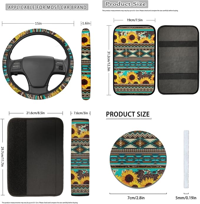 12pcs Aztec Sunflower Car Seat Cover Accessory for Women,Southwest Tribal Graphic Sunflower Car Front&Rear Bench Seat Covers,Key,15Inch Steering Wheel,Seatbelt,Armrest Pad,Auto Interior Decor