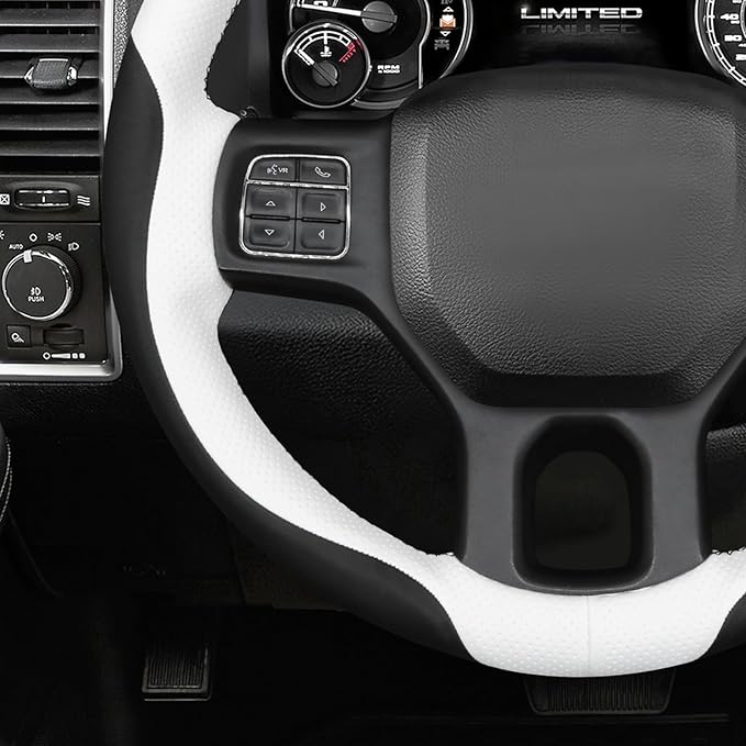 MEWANT Hand Stitch Steering Wheel Cover for Dodge Ram 1500 2500 3500 2004-2008 White Black Faux Leather Steering Wrap