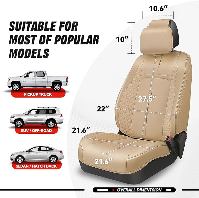 Auto Dynasty Car Seat Covers Front Set, Anti-Slip Automotive Interior Covers with Storage Pocket, Breathable Car Seat Protectors, Airbag Compatible, Universal Fit Most Vehicles, Beige (Voris Series)