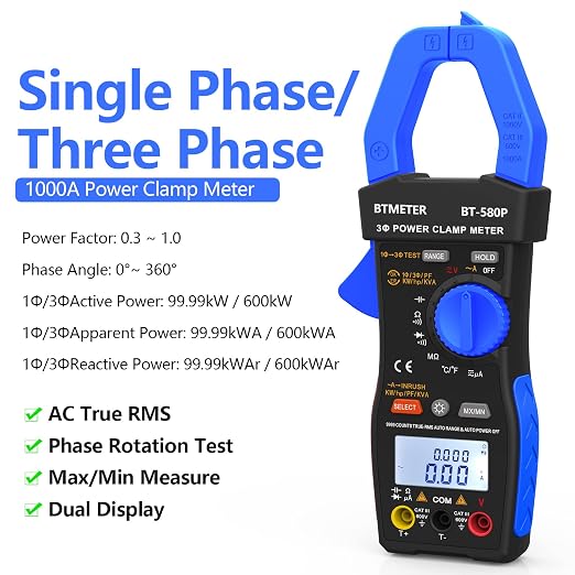 BTMETER 3-Phase True-RMS Power Clamp Multimeter with 9999 Counts, AC/DC Voltage & Amperage, KW/HP, Power Factor, KVA/VAR, Inrush Current & Temperature Test, Electrical Teste 580P