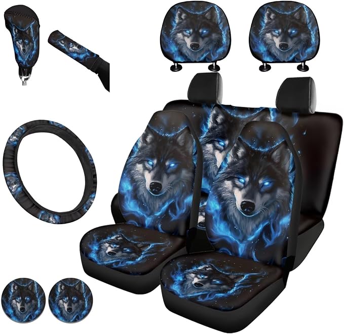 KEIAHUAN Blue Wolf Car Seat Cover Full Set for Men Includes Front and Back Seats Covers Handbrake and Gear Shift Knob Cover Car Headrest Steering Wheel Cover Cup Holder 11 Pcs