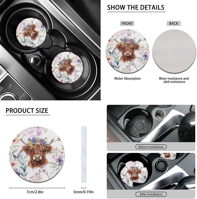 Wanyint Car Seat Cover Full Set 12 PCS, with Steering Wheel Seat Belt Cover Armrest Pad Coasters Handbrake Gear Shift Knob Set Auto Accessories Decor, Highland Cow Floral Violet