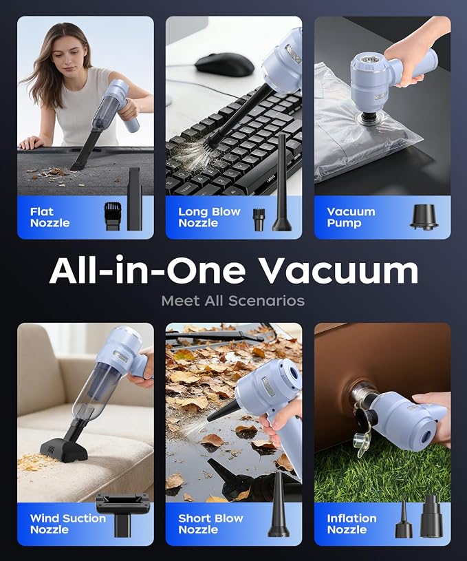 VNOST Car Vacuum,3 Suction Modes,Portable Mini Cordless Cleaner with 50000pa Suction Power,Type-C Charge,Handheld Vacuum for Home,Car,Birthday Gifts for Men Dad Husband(Blue)
