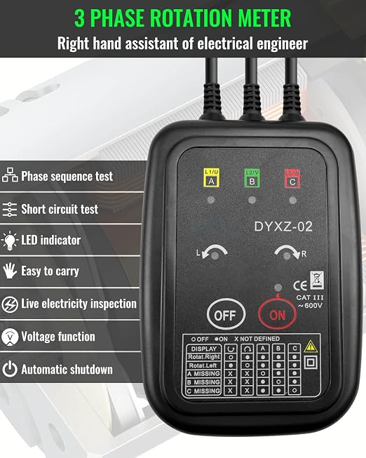 3 Phase Rotation Tester Non Contact Rotation Meter AC 70~600V | High Magnetic Induction Phase Sequence Detector with 22 Inch Clamp Lead, LED, Carrying Bag Auto Power Off Phase Meter