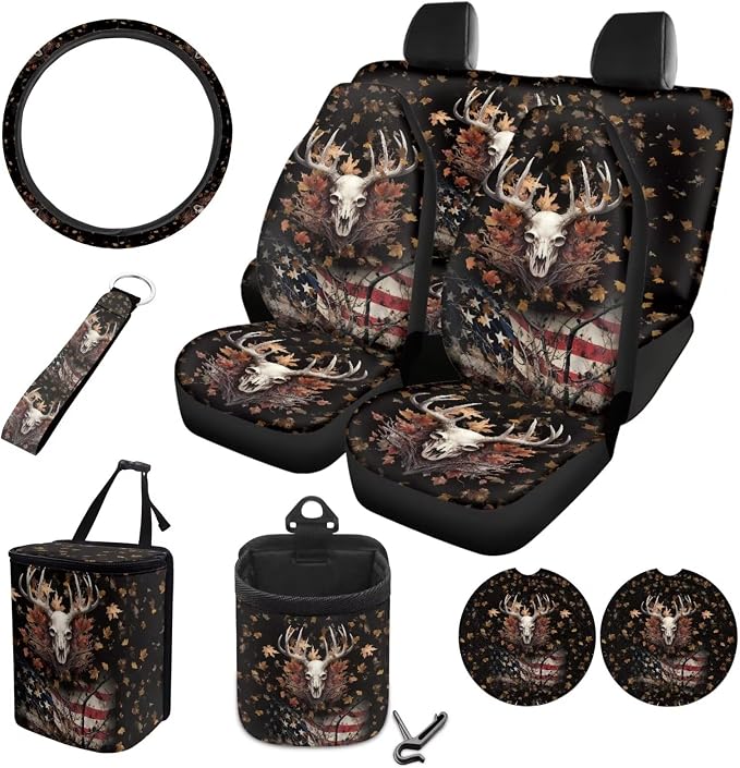 Deer American Flag Maple Leaf Pattern Auto Accessories Set of 10, Front and Rear Seat Covers Full Set, Steering Wheel Cover, Air Vent Storage Bag, Keychain, Car Trash Can, Cup Holders
