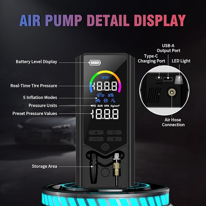 Tire Inflator Portable Air Compressor + F150 Fog Lights with Amber DRL/Turn Signal Rectangular Fog Lights, Upgraded Color LED Screen Air Compressor with Pressure Gauge Auto Shut-off for Car Moto Bike