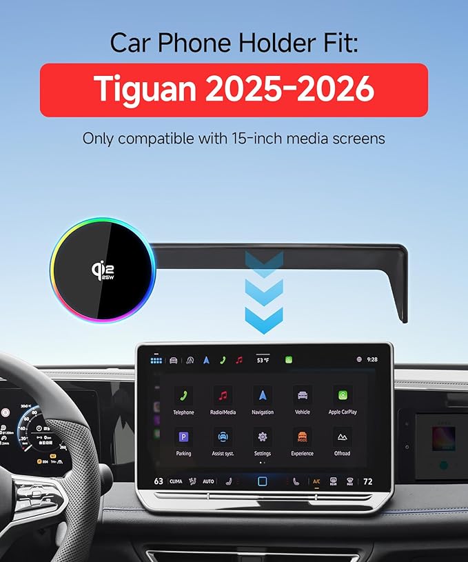 Qi2.2 Max 25W Fast Wireless Car Charger Phone Holder for Volkswagen Tiguan 2025 2026 15-Inch Screen, Magnetic Phone Mount Compatible with MagSafe