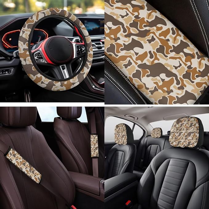 Bulopur Camo Hunting Duck Car Seat Covers Front and Rear with Steering Wheel Cover Elastic Center Console Cushion Anti-Slip Seat Belt Pads 14 Piece Vehicle Interior Decor Set