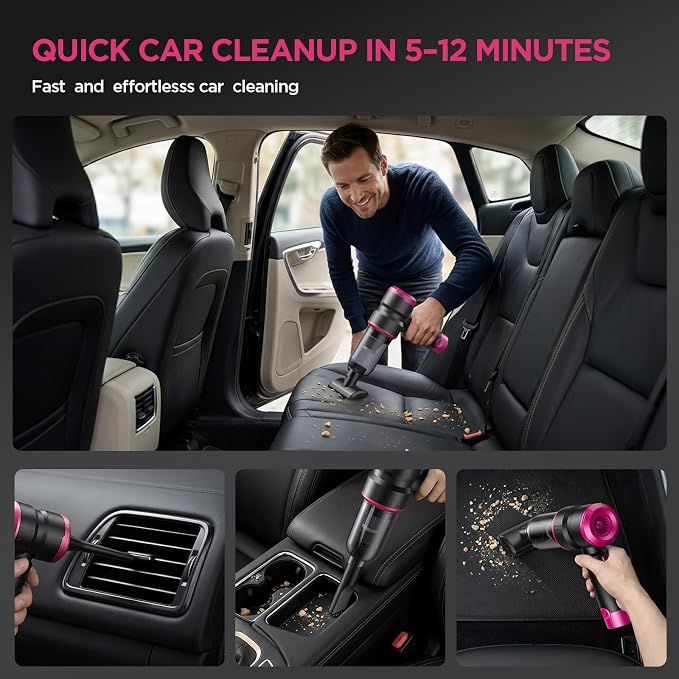 Handheld Car Vacuum Cleaner, 4-in-1 Cordless Rechargeable Mini Vacuum with Air Duster – Quickly Clean Crumbs, Pet Hair & Crevices in Car, Office, Home. Ideal for Commuters & Office Workers (Pink)