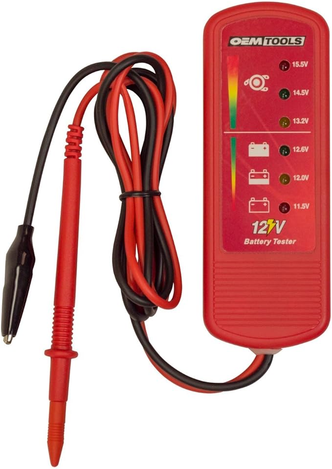 OEMTOOLS 24367 12V Car Battery Tester, Portable Alternator Tester, Easy-to-Read 12v Battery Tester LED Indicators, Works on Trucks, RVs, and Golf Carts