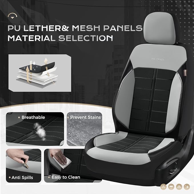Coverado Front Seat Covers 2 Pieces Universal Seat Cover for Cars Breathable Leather Waterproof Car Seat Cover Driver Seat Cover Automotive Car Seat Cushion Fit for Most Cars SUV Trucks, Gray&Black