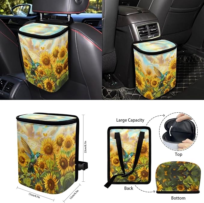 Sunflower Hummingbird 15 PCS Car Seat Cover Set with Auto Steering Wheel Cover Seat Belt Strap Protector Cup Holder Trash Bag Rear View Mirror Protector Keychain