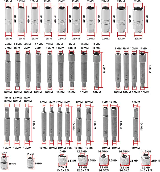 43pc Shock Absorber Strut Nut Go-Thru Socket Set Kit Ratchet Steering Hub Suspension Shock Absorber Nut Removal Tool