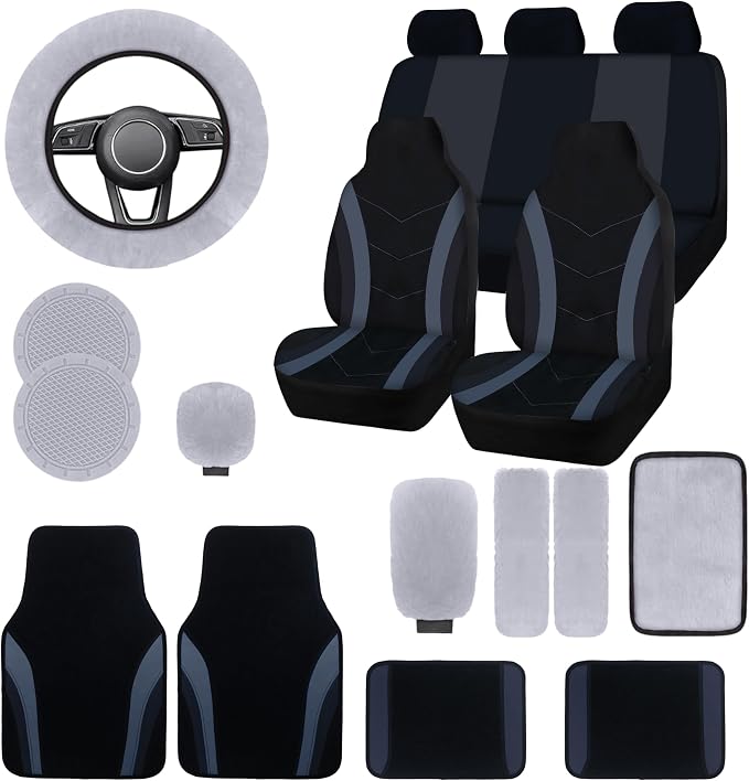 High Back Curved Car Seat Covers,Universal Car Seat Cover Full Set,Plush Steering Wheel Cover,Fit Sedans,Cars,Vans,SUV,Truck (Grey)