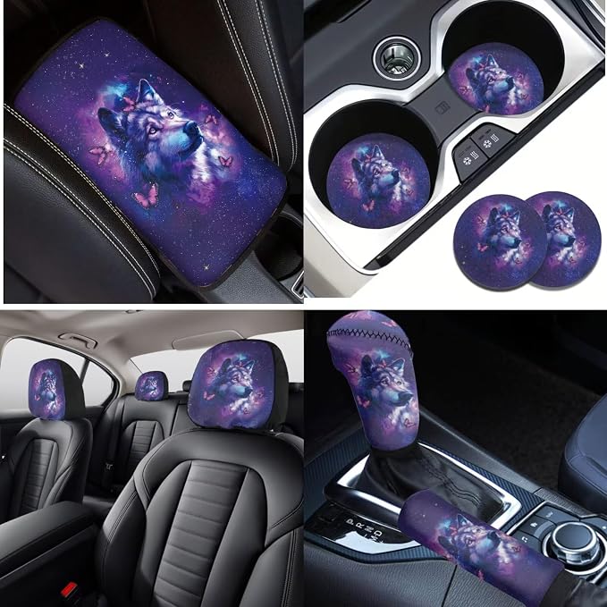 Lotusorchid Wolf Print Seat Covers for Cars Full Set, Butterfly Printed Auto Seat Covers Seatbelt Cover and Armrest Cover for Car, Decorative Automobile Interior Sets for Men Women