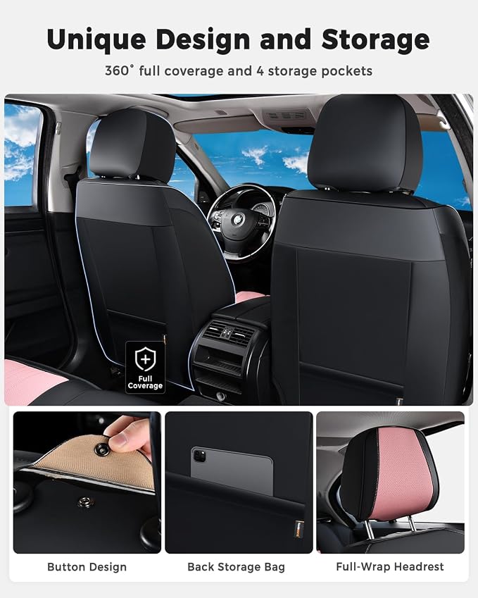 Huidasource Car Seat Covers Front Seats, Luxury Faux Leather Front Seat Covers, Compatible with Airbags, Seatbelt Buckles, Cooling＆Heating, Universal Fit for Most Cars, Vans, Trucks, SUVs, Black＆Pink