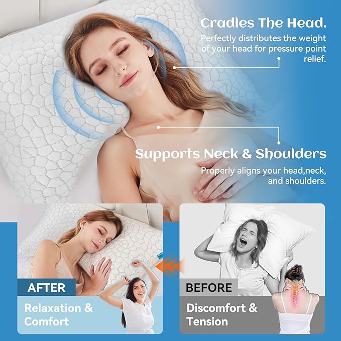 Side Sleeper Pillows for Adults, Cervical Pillow for Side Sleepers, Cooling Pillow with Ergonomic Design, Adjustable Crescent Shredded Memory Foam Pillows for Neck and Shoulder Pain Relief