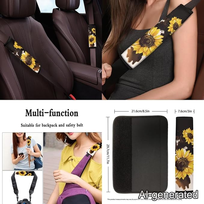 Sunflower Cow Print 12 Pack Car Accessories Set with Car Seat Covers Full Set Steering Wheel Cover Center Console Cover Auto Seat Belt Cover Gear Lever Cover Fit for Cars SUV
