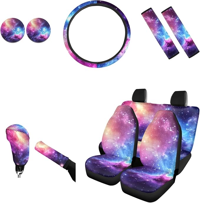 AFPANQZ 11Pack Galaxy Car Accessories Set Car Seat Covers Full Set with Steering Wheel Cover/Car Coaster/Handbrake Gear Shift Knob Covers/Seat Belt Shoulder Pads Auto Decoration Women Men Gift