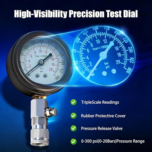 Upgraded Compression Tester & Spark Plug Tester Kit, 0-300 PSI Gauge for Gasoline/Diesel Engines, with Adapters, Hoses & Sturdy Case for Automotive Use