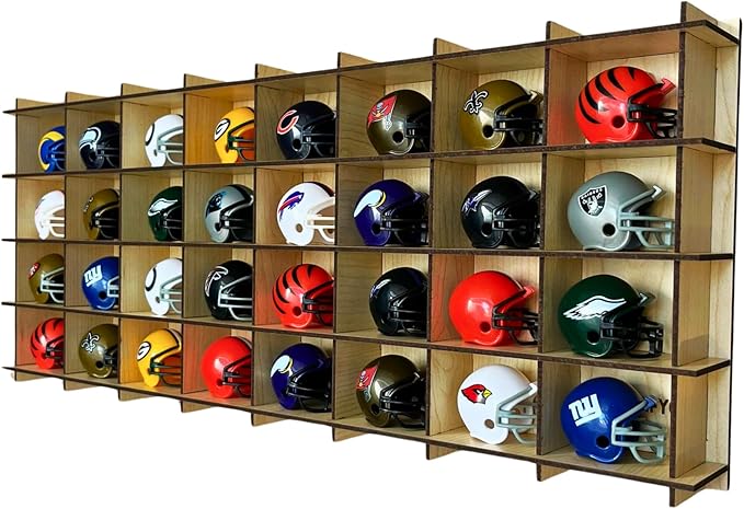 32 / 6 Color Mini Helmet Display Case,Mini Football Helmets,Football Helmet Display Case,Mini Football Helmet Organizer (Maple)